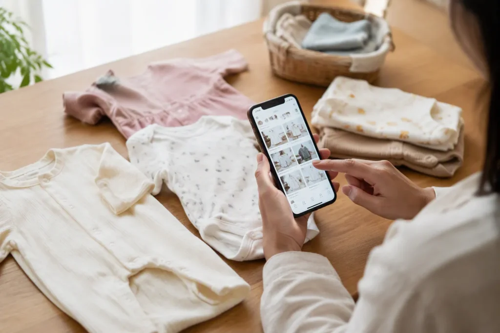 SNSや口コミを参考にベビー服を比較検討する様子